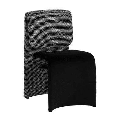 A contemporary dining chair featuring a striking two-tone upholstery design. The tall, rectangular backrest is covered in a black and white textured woven fabric, while the seat is a smooth, solid black material, possibly faux leather or velvet, appearing to 'float' below the back. The chair exhibits a minimalist and modern aesthetic. — 3D model