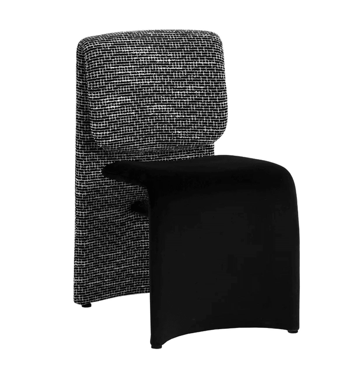 A contemporary dining chair featuring a striking two-tone upholstery design. The tall, rectangular backrest is covered in a black and white textured woven fabric, while the seat is a smooth, solid black material, possibly faux leather or velvet, appearing to 'float' below the back. The chair exhibits a minimalist and modern aesthetic. — 3D model