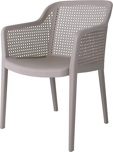 A light grey or beige plastic armchair featuring a backrest molded to resemble a cane woven pattern. The chair has a solid frame with integrated armrests and four tapered legs. The design suggests it is suitable for indoor or outdoor use and is likely stackable for storage. — 3D model