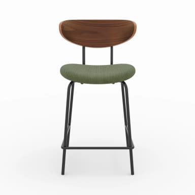 A bar stool with a curved wooden backrest and a green upholstered seat, supported by a black metal frame with footrests. — 3D model