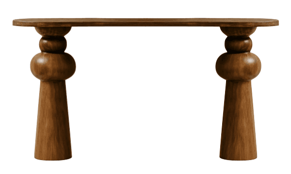 A wooden console table with a rectangular top and two sculptural pedestal bases. Each base is composed of stacked spherical elements transitioning into a flared, tapered column. The wood grain is visible, suggesting a natural wood construction. — 3D model