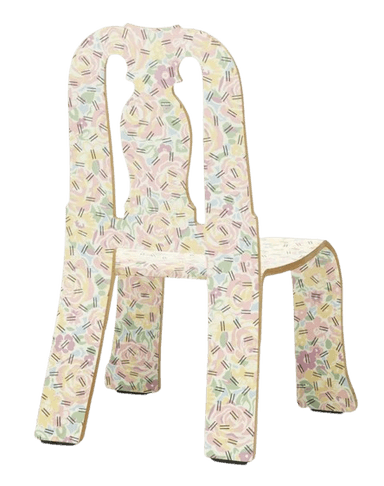 A single chair with a distinctly decorative pattern. The chair features a high, arched back with two cut-out silhouette figures, a seat, and four legs. The entire surface of the chair is covered in a repeating pattern of stylized flowers and dashes in pastel shades of pink, yellow, green, and blue, overlaid with thin black lines that create a textured effect. The legs have a subtle flare at the base. The overall form suggests a modern or post-modern design. — 3D model