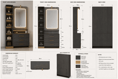 This is a modern dark wood vanity or dressing table featuring a rectangular mirror with integrated LED lighting. The unit includes three drawers with brass-colored bar pulls, open shelving on one side, and a small, articulated brass-colored lamp above the mirror. The base also has a metallic accent. — 3D model