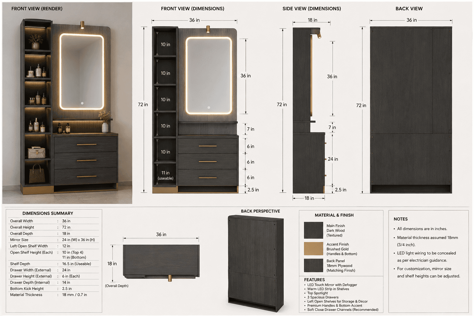 This is a modern dark wood vanity or dressing table featuring a rectangular mirror with integrated LED lighting. The unit includes three drawers with brass-colored bar pulls, open shelving on one side, and a small, articulated brass-colored lamp above the mirror. The base also has a metallic accent. — 3D model