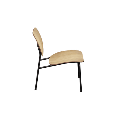 A contemporary side chair featuring a light wood veneer seat and backrest, supported by a slender, matte black metal frame. The seat and backrest are ergonomically curved for comfort and aesthetics. The chair is armless, emphasizing its minimalist design. — 3D model