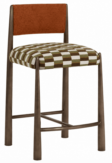 A contemporary bar stool featuring a dark bronze-finished metal frame, an upholstered seat with a green, white, and brown checkered pattern, and a solid brown upholstered backrest. It includes integrated footrests and tapered legs. — 3D model