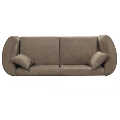 A modern three-seater sofa characterized by its distinctive rounded and inward-curving armrests and a low-profile design. The sofa is upholstered in a textured taupe fabric, giving it a soft yet durable appearance. It features two prominent, plush seat cushions that appear to be individually supported, suggesting a two-section or modular construction. Two smaller, matching throw pillows are placed at each end. The sofa rests on short, dark, cylindrical legs, which contribute to its contemporary aesthetic. — 3D model
