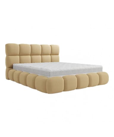 A modern tufted bed frame with a large, upholstered headboard and footboard, shown with a white mattress. The frame and headboard are upholstered in a beige or tan fabric, featuring a grid pattern of square tufts. The mattress has a white cover with a repeating geometric pattern of small black dots. — 3D model