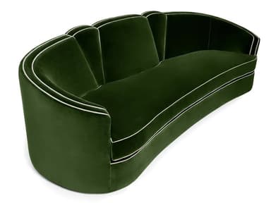 A luxuriously designed curved sofa upholstered in deep emerald green velvet, featuring a distinctive channel-tufted backrest and elegant white piping along its edges. The sofa presents a streamlined, low-profile silhouette with a continuous base that curves inward, suggesting a floating appearance. The design evokes an Art Deco aesthetic with its curvilinear form and plush material. — 3D model