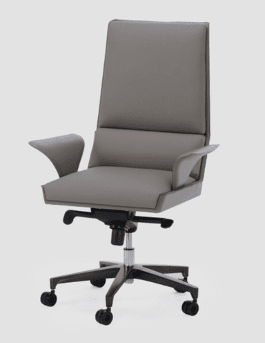 A modern executive office chair featuring a high back, upholstered in a sleek gray material, likely leather or faux leather. It has fixed, slightly curved armrests and a sturdy five-star base with casters for mobility. The base appears to be made of dark-finished metal with a central chrome-plated cylinder, indicating height adjustability and a swivel mechanism. The chair's design emphasizes comfort and ergonomic support suitable for extended periods of use. — 3D model