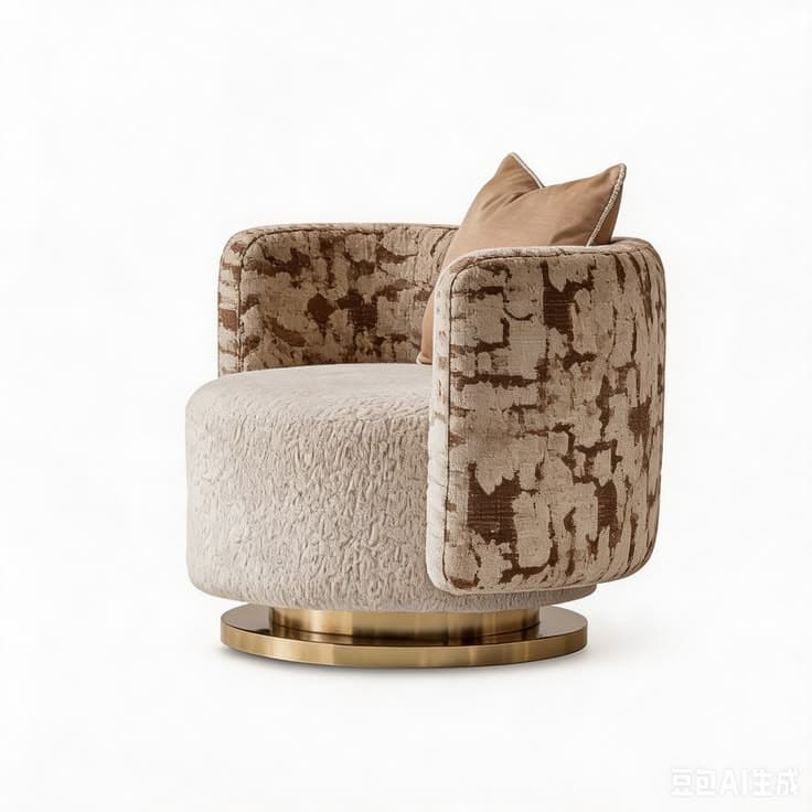 An upholstered swivel armchair featuring a rounded silhouette and a polished brass disc base. The chair is covered in two complementary fabrics: a lighter, subtly textured material on the lower body and seat, and a darker, abstract patterned fabric on the backrest and armrests. A small decorative throw pillow rests on the seat. — 3D model