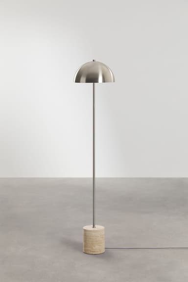 A modern floor lamp featuring a polished or brushed metal dome shade, a slender metal stem, and a cylindrical travertine stone base. The design is minimalist and sleek, combining natural stone texture with reflective metal surfaces. — 3D model