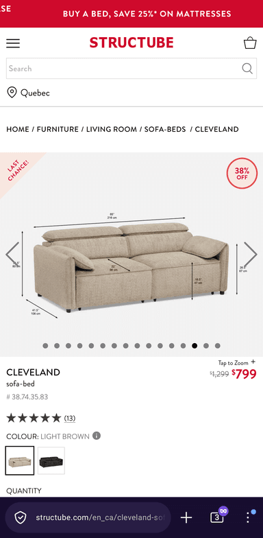 A light brown, contemporary sofa bed composed of modular sections, upholstered in a textured fabric. It features a low-profile design with multiple plush cushions forming the seat and backrests, giving it a relaxed aesthetic. The sofa includes individual padded components that suggest reconfigurability or conversion for sleeping. Small, dark, recessed feet are visible at the base. — 3D model