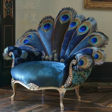 An opulent armchair featuring a distinctive fan-shaped backrest adorned with peacock feathers and deep blue velvet upholstery. The chair's frame is carved wood with a gilded or bronze finish, displaying ornate scrollwork. The seat and armrests are plushly upholstered in blue velvet, with some areas of the arms and lower back also incorporating peacock feather designs. — 3D model