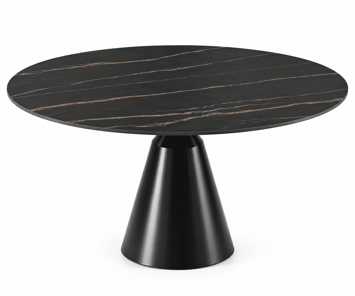 A modern round table featuring a dark, marble-patterned top with copper-toned veins and a matte black conical pedestal base. — 3D model