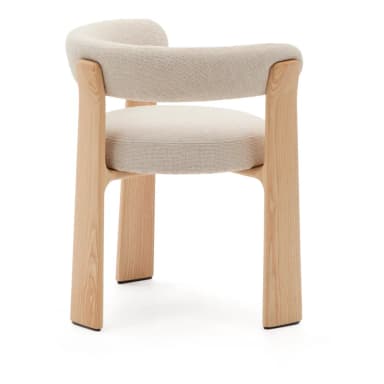 A modern armchair featuring a natural light wood frame and light beige upholstered seat and backrest. The backrest is a continuous, curved, padded form that extends into armrests, providing a minimalist and comfortable design. The seat is a round, upholstered cushion. The sturdy wooden legs are flat and integrated into the overall frame, suggesting a contemporary or Scandinavian aesthetic. — 3D model