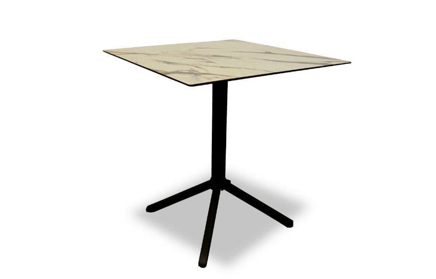 A modern square table featuring a light-colored, marble-patterned tabletop and a black, three-legged metal base. The tabletop has slightly rounded corners and a slim profile. The central column of the base is cylindrical, extending down to a splayed tripod foot design, providing stability and a minimalist aesthetic. — 3D model
