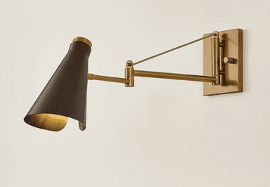 A sophisticated wall-mounted light fixture featuring an articulating swing arm and a distinctive conical shade. The body and mounting plate are crafted from brass with a brushed finish, while the shade has a matte dark brown exterior and a reflective brass interior. The arm allows for adjustable illumination, making it suitable for task or accent lighting. — 3D model