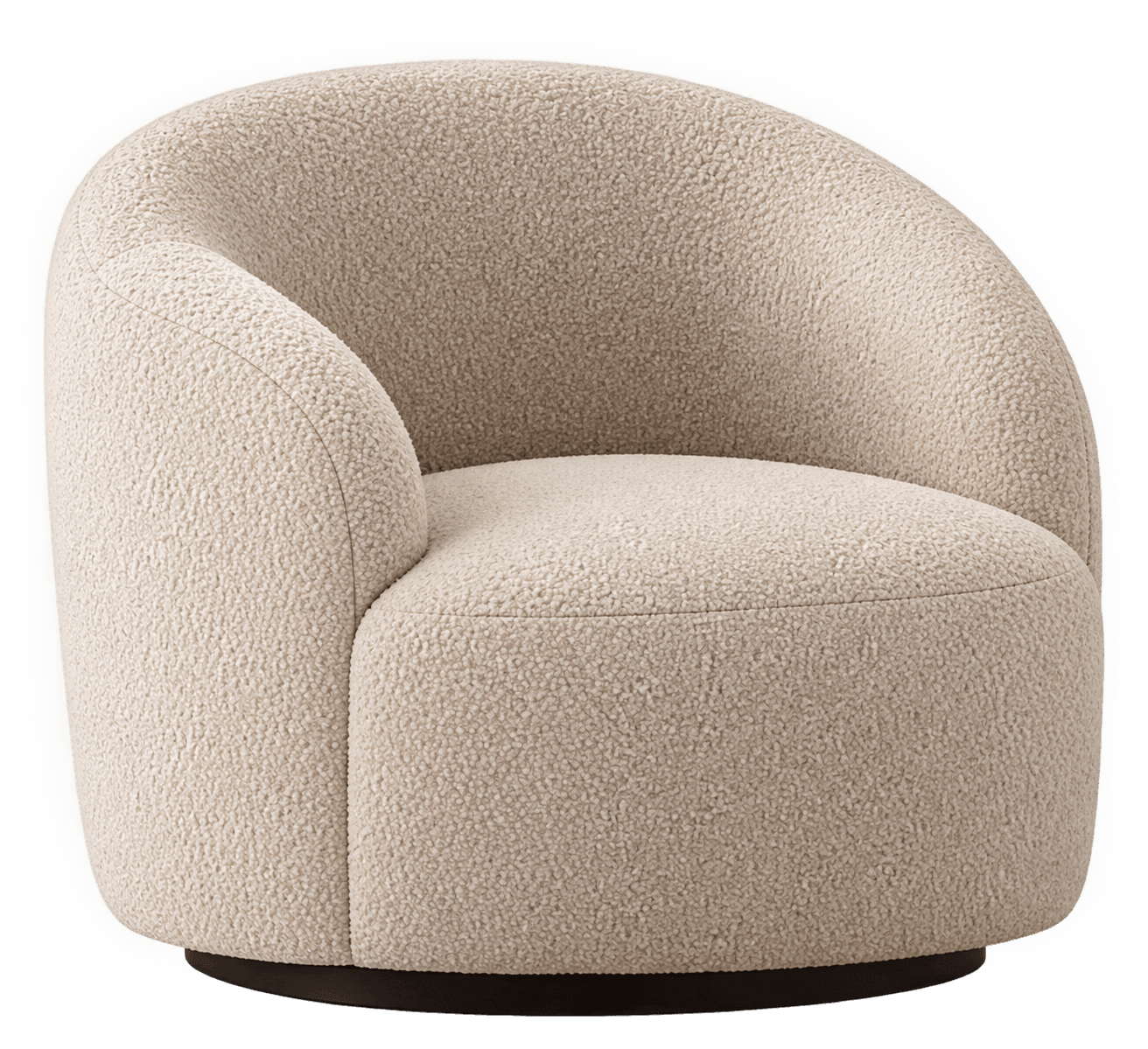 A contemporary swivel armchair upholstered in a cream-colored boucle fabric. It features a rounded, barrel-like form with integrated arms and back, sitting on a low, dark circular swivel base. — 3D model