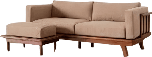 A modern two-seater sofa featuring a light-toned wooden frame and beige fabric cushions, accompanied by a matching ottoman. The sofa has open slatted sides and backrests. — 3D model