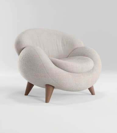 A contemporary, sculptural lounge chair upholstered in a light-colored, textured bouclé fabric, featuring an organic, rounded form and supported by four short, tapered wooden legs. — 3D model