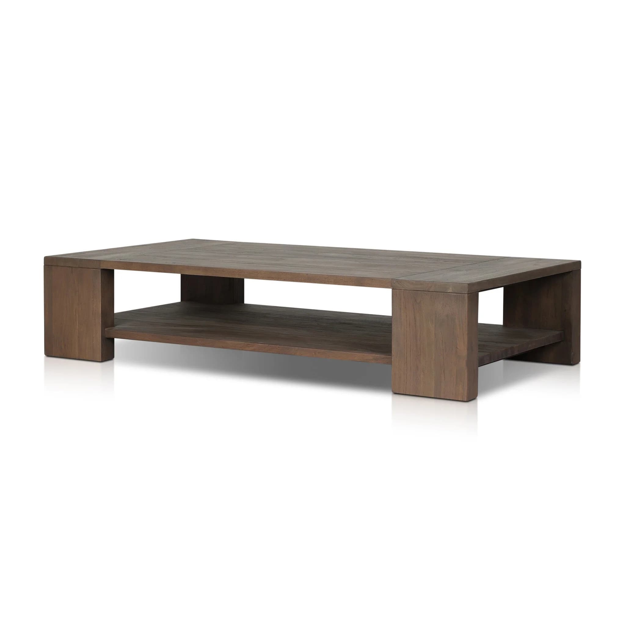 A rectangular coffee table with a minimalist design. It features a solid top and a lower shelf, both constructed from wooden planks. The legs are thick and block-like, integrated into the frame of the table. The wood has a visible grain and a matte finish. — 3D model