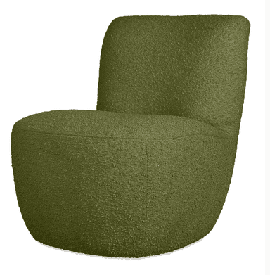 A contemporary armless lounge chair upholstered in a textured olive green boucle fabric. The chair features a low-profile design with a rounded, organic silhouette, where the seat and backrest form a continuous, gently curved form. Its minimalist design emphasizes comfort and soft, inviting aesthetics. — 3D model