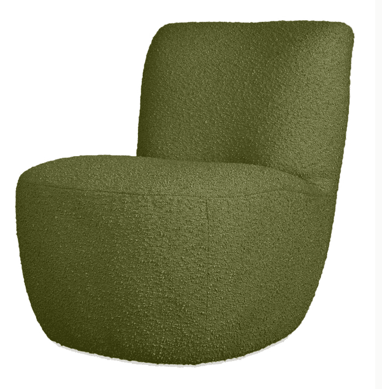 A contemporary armless lounge chair upholstered in a textured olive green boucle fabric. The chair features a low-profile design with a rounded, organic silhouette, where the seat and backrest form a continuous, gently curved form. Its minimalist design emphasizes comfort and soft, inviting aesthetics. — 3D model