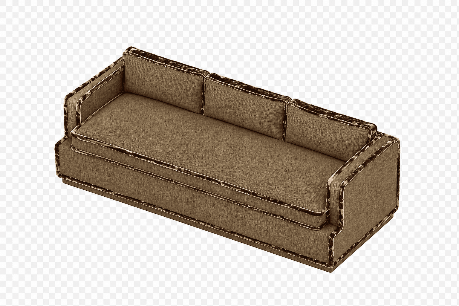 A three-seater sofa with a rectilinear design. It features a boxy frame with a relatively low profile. The seating surface and back cushions are upholstered in a textured brown fabric. The edges of the sofa, including the arms, back, and frame, are trimmed with a contrasting darker, possibly velvet, piping that has a subtle sheen. The sofa has a solid base and appears to be upholstered uniformly. — 3D model