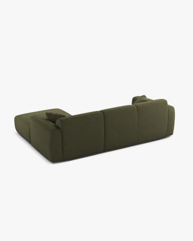 A contemporary modular sectional sofa in olive green textured fabric, featuring a low profile and an integrated chaise lounge. — 3D model
