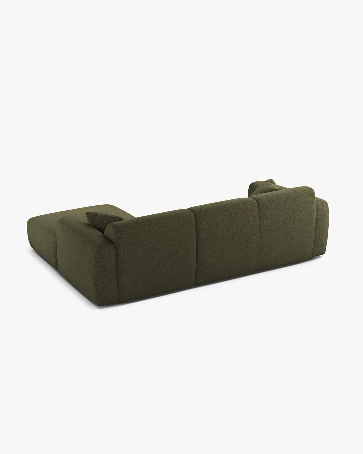 A contemporary modular sectional sofa in olive green textured fabric, featuring a low profile and an integrated chaise lounge. — 3D model