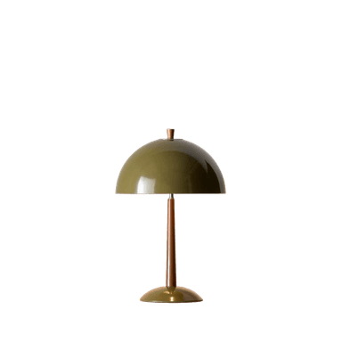 A Mid-Century Modern table lamp featuring a dome-shaped shade and a matching circular base in glossy olive green enamel, connected by a tapered wooden stem. A small wooden finial adorns the top of the shade. — 3D model