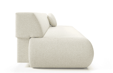 A modern, low-profile sofa with a minimalist design. It features a seamless, upholstered frame with rounded edges, a slightly angled backrest, and a single long seat cushion. A small, round throw pillow is placed on the right side of the backrest. The upholstery has a textured appearance. — 3D model