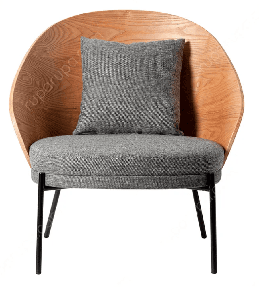 A modern lounge chair featuring a distinctive bentwood shell that forms the back and armrests, enveloping the user. The chair is upholstered with grey fabric cushions for the seat and back, resting on a minimalist black metal leg structure. — 3D model