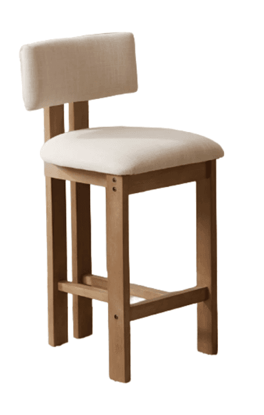 A contemporary bar stool featuring a sturdy light-toned wooden frame and upholstered seat and backrest. The frame consists of four straight legs joined by horizontal stretchers, forming a footrest. The seat and low backrest are padded and covered in a light, possibly cream or beige, fabric, providing comfort. The backrest is designed to float between two vertical wooden supports that extend from the rear legs, creating a clean, minimalist aesthetic. The overall construction appears robust and functional. — 3D model