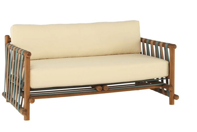 A two-seater sofa with a wooden frame and woven straps on the sides and base. It features a thick, light-colored cushion for the seat and backrest. The wooden frame has a natural finish and is constructed from rounded logs and poles, giving it a rustic or bohemian aesthetic. The side panels are adorned with a pattern of alternating beige and teal straps, creating a visually dynamic element. The base also incorporates horizontal straps for support. — 3D model