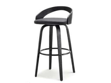 A modern black wooden bar stool with a padded swivel seat, curved low backrest, and metal footrest ring. — 3D model