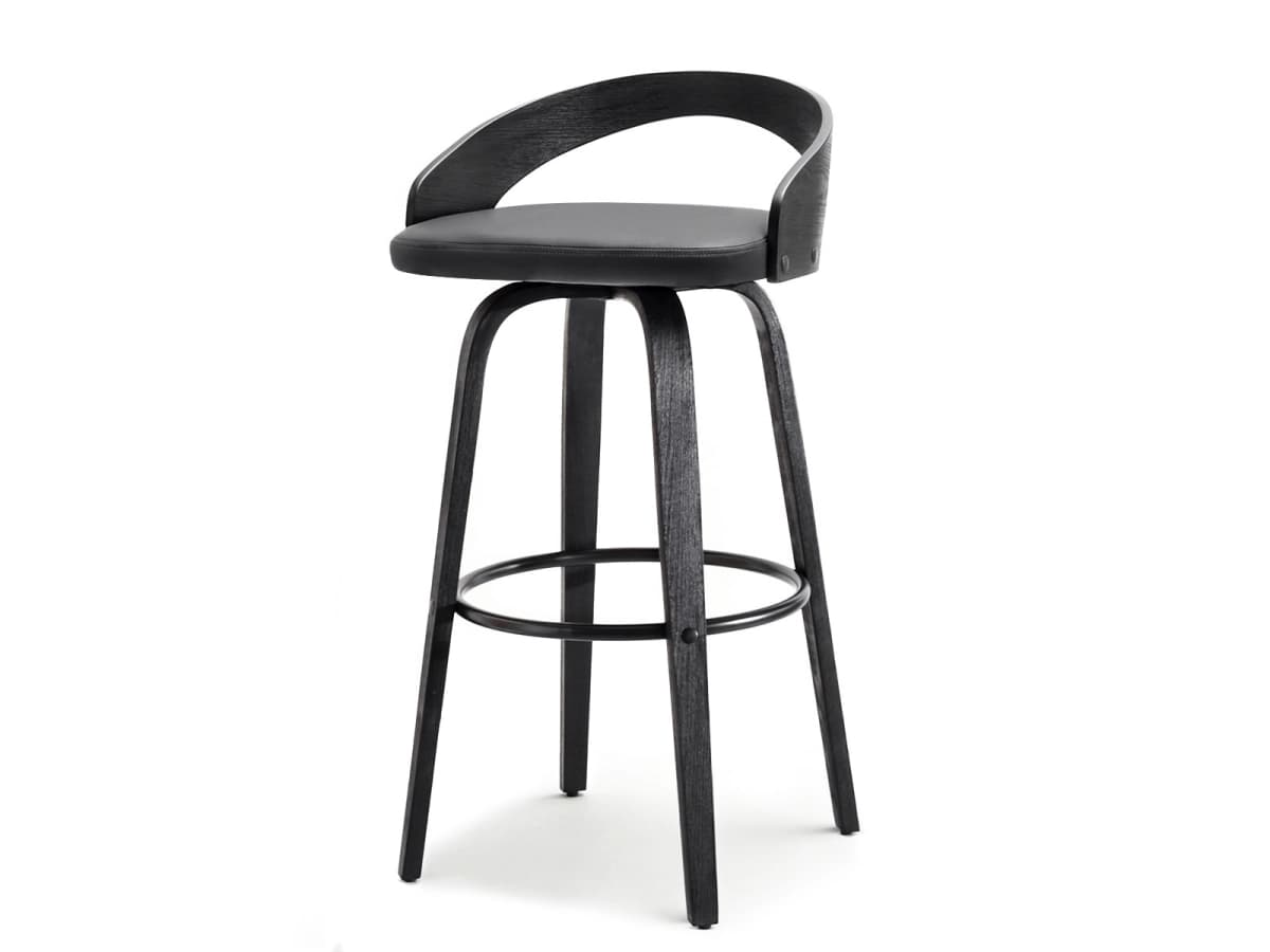 A modern black wooden bar stool with a padded swivel seat, curved low backrest, and metal footrest ring. — 3D model