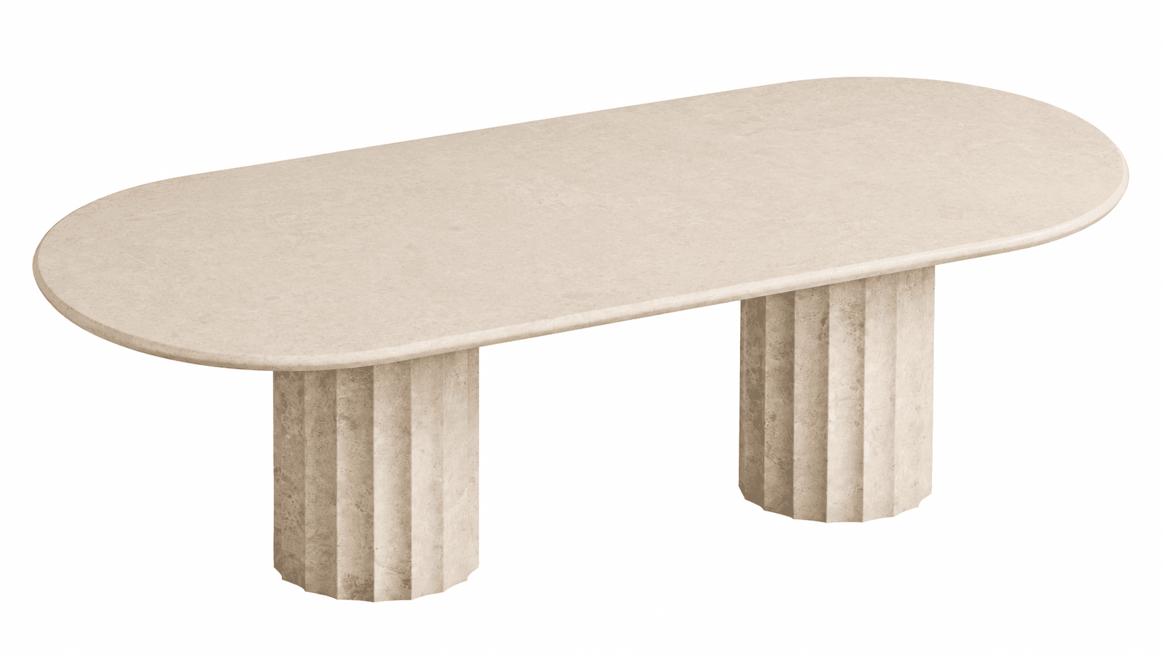A modern oval table crafted from light-colored travertine stone, featuring a thick, smooth tabletop supported by two robust, fluted cylindrical pedestals. The stone exhibits natural texture and coloration. — 3D model