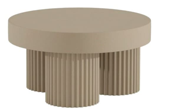A round coffee table with a thick, flat top and a base composed of three cylindrical legs. The legs have a fluted or ribbed texture running vertically. — 3D model