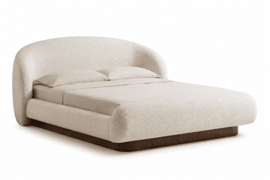 A contemporary platform bed featuring a rounded, fully upholstered headboard and bed frame in an off-white boucle fabric, resting on a recessed dark wood plinth base. — 3D model