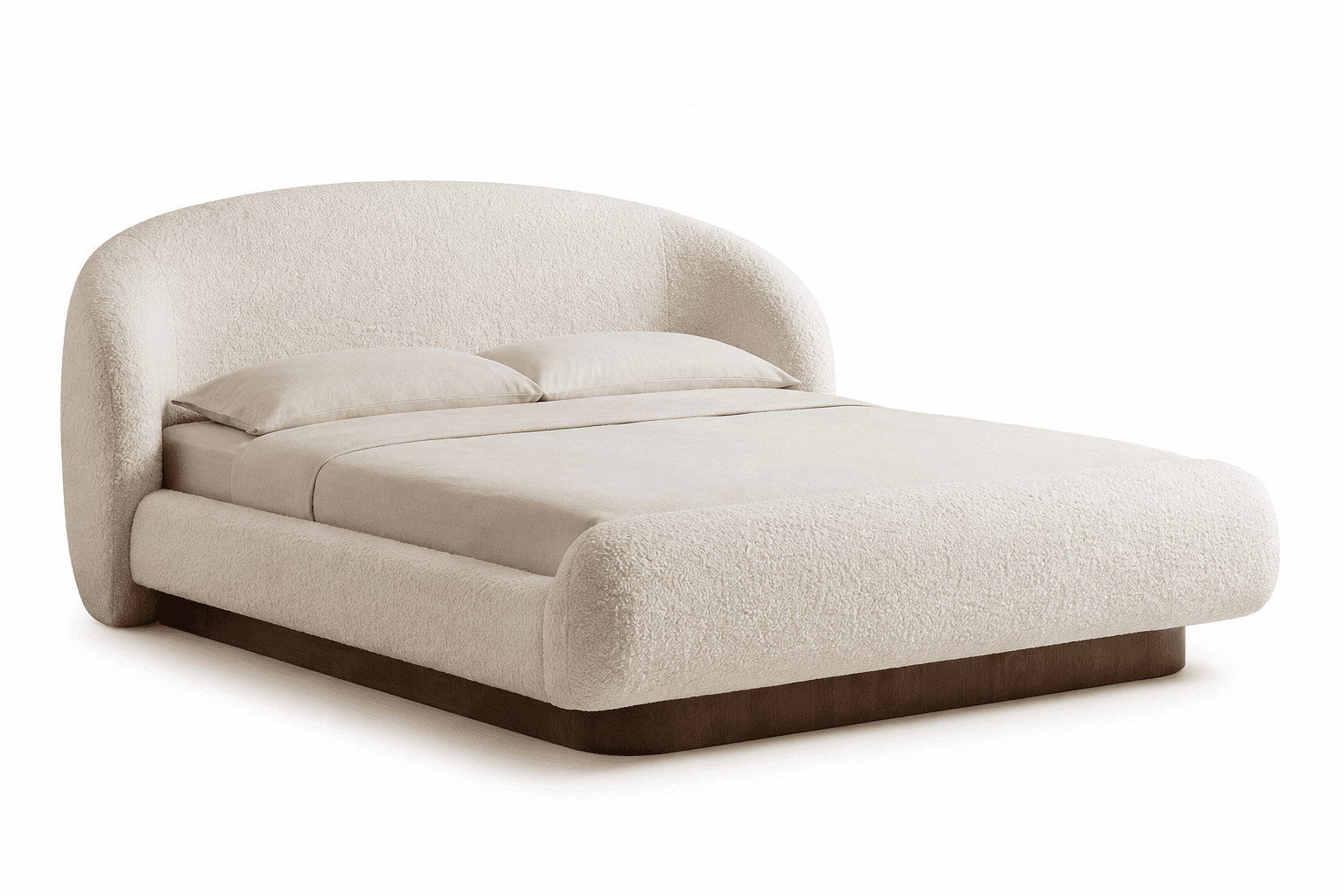 A contemporary platform bed featuring a rounded, fully upholstered headboard and bed frame in an off-white boucle fabric, resting on a recessed dark wood plinth base. — 3D model