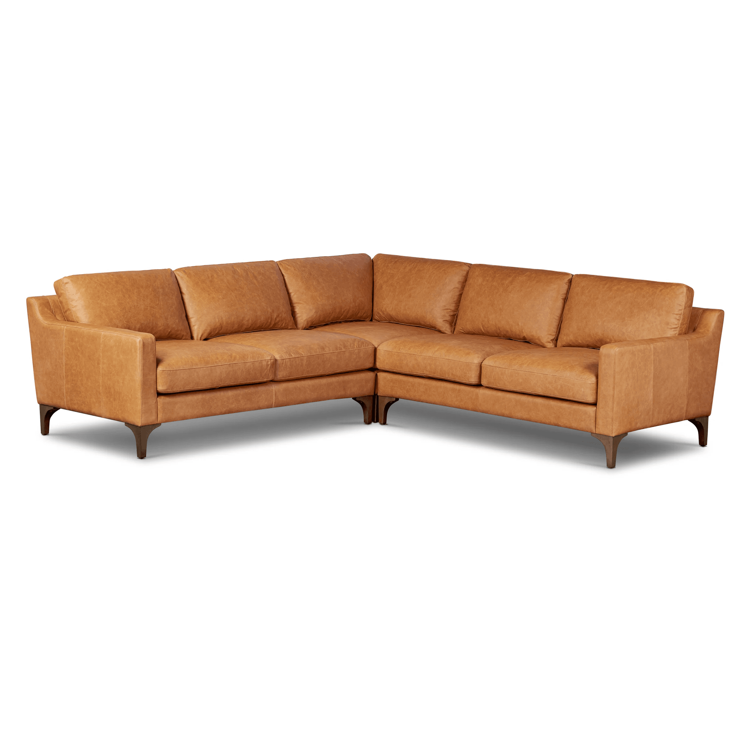 An L-shaped sectional sofa upholstered in tan or cognac-colored leather, featuring multiple seat and back cushions and supported by dark-finished, tapered wooden legs. — 3D model