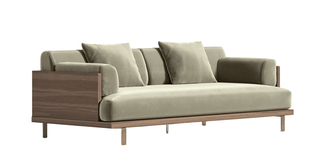 A modern sofa with a wooden frame and upholstered cushions. The sofa features a light-colored, textured fabric upholstery for the seat and back cushions, and two square throw pillows. The armrests are integrated into the wooden frame, which has a visible wood grain pattern. The base of the sofa is supported by slender metal legs. — 3D model