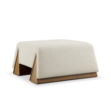 A modern rectangular ottoman featuring a light-colored fabric upholstery and a distinctive dark wood base with angular, inverted V-shaped supports. — 3D model