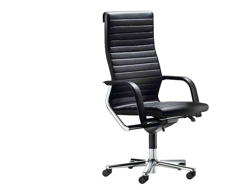 A modern, high-back office chair with a black leather-upholstered seat, backrest, and armrests. The backrest features horizontal stitching, creating a segmented appearance. It is supported by a polished metal base with five caster wheels for mobility and a central gas lift mechanism for height adjustment. — 3D model