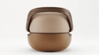 A compact, round, contemporary stool or ottoman. It features a two-tone upholstered body, with a lighter beige on the upper section and a warmer caramel brown on the lower, bulbous base. A thin wooden trim separates the two leather sections. A prominent, curved wooden handle in a dark wood tone arches gracefully over the top, creating a sculptural element and an opening beneath it. — 3D model