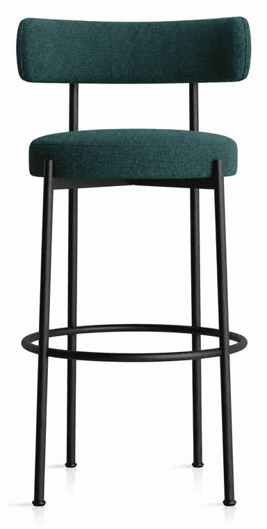 A modern bar stool seen from a top-down perspective, featuring a circular dark green upholstered seat and a distinctive semi-circular padded backrest, supported by a minimalist black metal frame. — 3D model