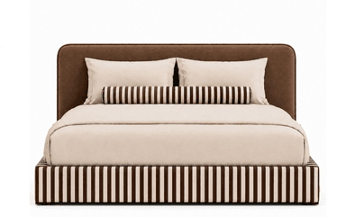 A contemporary upholstered platform bed featuring a tall, rounded headboard in a solid brown fabric. The mattress and bedding are a light beige/cream color, and the integrated bed frame base is upholstered in a striking brown and cream vertical striped fabric. The overall design suggests a modern and stylish aesthetic. — 3D model