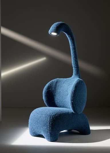 A blue, upholstered accent chair with a whimsical design. The chair features a rounded seat and backrest, with armrests integrated into the design. A prominent, curved neck-like structure extends upwards from the back, terminating in a white, dome-shaped light fixture, resembling an animal's head or a lamp. The base is low and wide, with four rounded feet. The upholstery has a textured, boucle-like finish. — 3D model